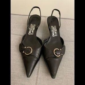 Salvatore Ferragamo Black Leather Pointed Slingback Pumps